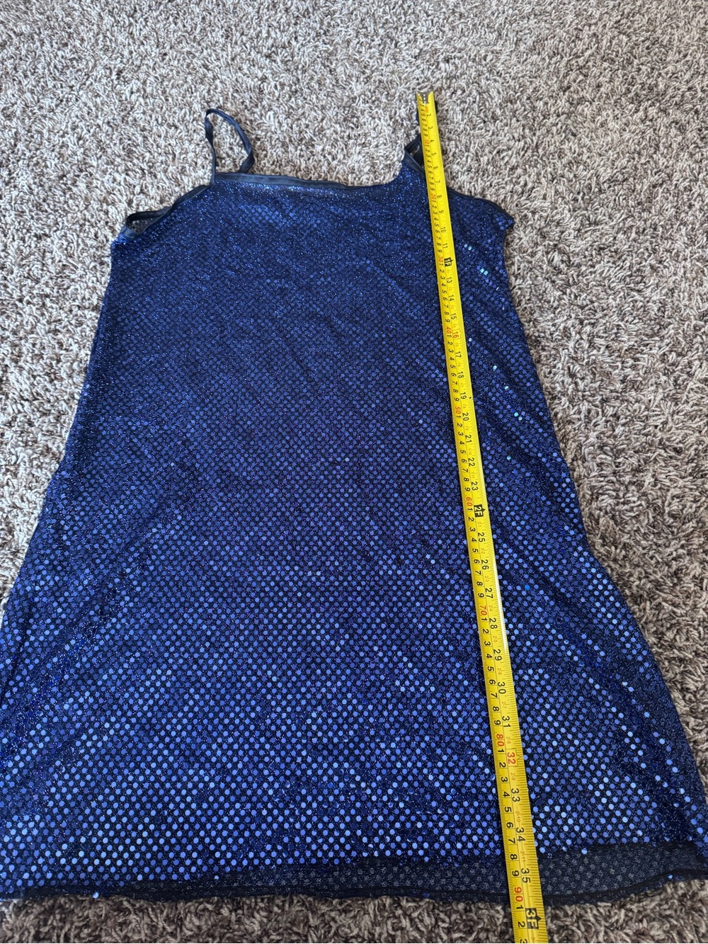 Blue Sequin Semi Sheer Slip Mini Dress Party New Years Spaghetti Strap S M - Picture 6 of 8
